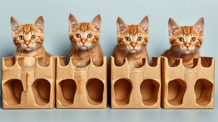 Four adorable ginger kittens sit atop a cardboard castle.の素材