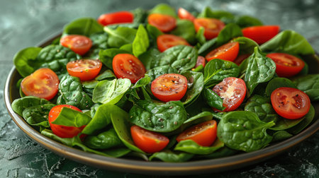 Close-up of a delicious spinach salad with cherry tomatoes.の素材