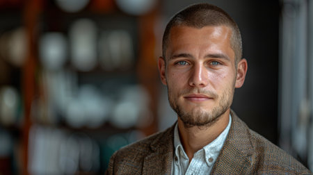 Portrait of a man with a serious expression.の素材