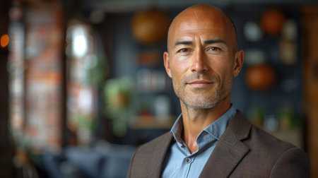 A man in a brown jacket looks directly at the camera with a confident expression.の素材