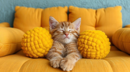 A ginger kitten naps peacefully on a yellow couch, surrounded by plush pillows.の素材