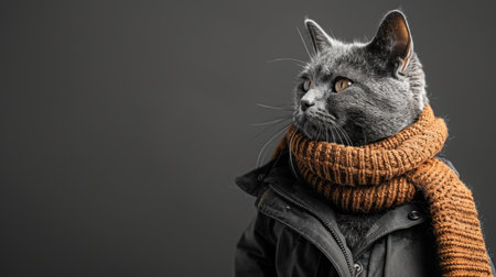 A gray cat wearing a black jacket and orange scarf.の素材