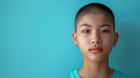 A young person with shaved hair stars directly at the camera.の素材