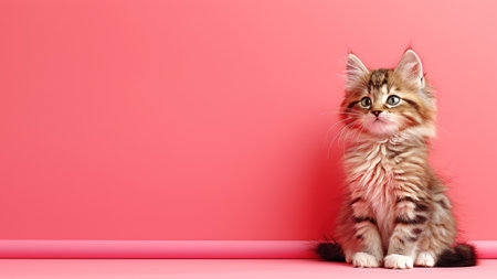 A fluffy brown tabby kitten sits on a pink surface, looking up with curiosity.の素材