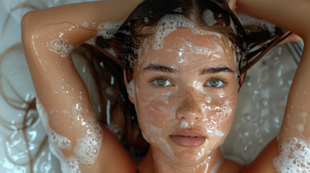 Woman covered in soap and water, creating a dreamy and mystical appearance.の素材