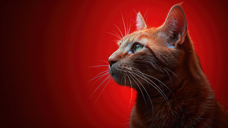 Close-up of a ginger cat with green eyes looking up.の素材