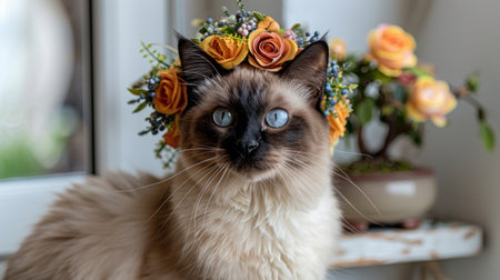A Ragdoll cat wears a flower crown.の素材