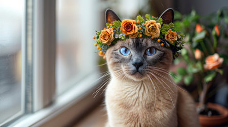 A cat with a flower crown looks out a window.の素材