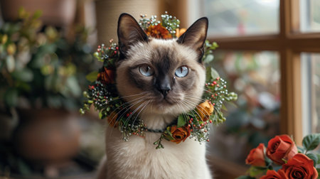 A Siamese cat wearing a flower crown.の素材