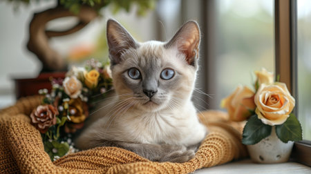 A cute kitten sits near a window, looking out with wide, blue eyes.の素材
