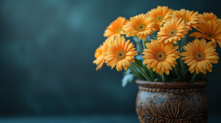 A vase of orange gerbera daisies against a teal background.の素材