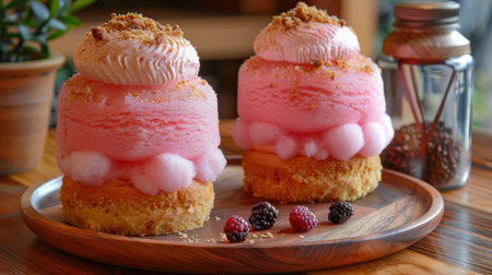 Two pink ice cream sundaes on wooden platter with crumble crust & whipped cream.の素材