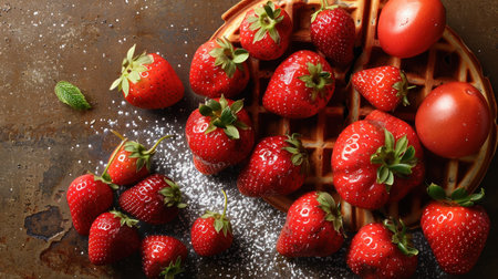 A waffle topped with fresh strawberries and a dollop of whipped cream.の素材