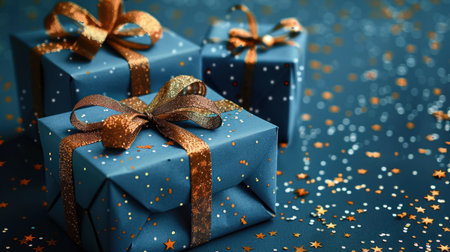 Three gifts wrapped in blue paper with gold ribbon.の素材