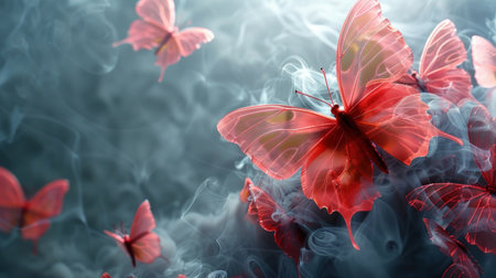 Red butterflies flutter through a swirling mist.の素材