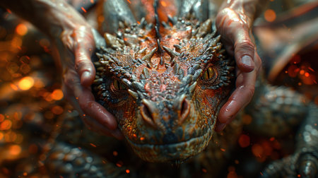 A dragons face, gentle and curious, held in the hands of a human.の素材