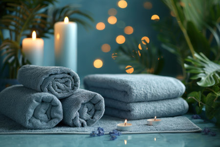 Soft towels, candles, and a calming atmosphere create a relaxing spa experience.の素材