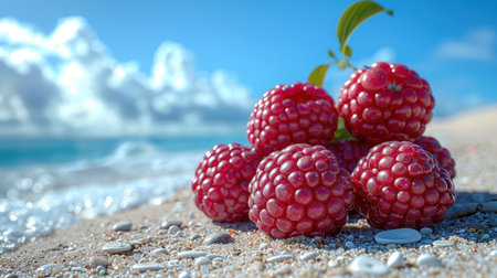 Raspberries on a sandy beach.の素材