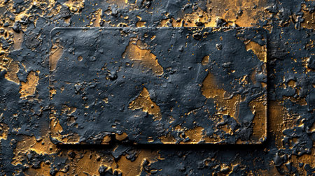 Cracked and chipped paint on a rectangular metal plaque.の素材