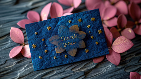 A blue thank you card with a gold star pattern and a flower sits on a textured surface.の素材