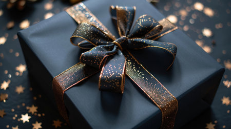 A close-up of a black gift box tied with a golden and black ribbon.の素材