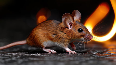 A small mouse with large ears stands on a dark surface.の素材