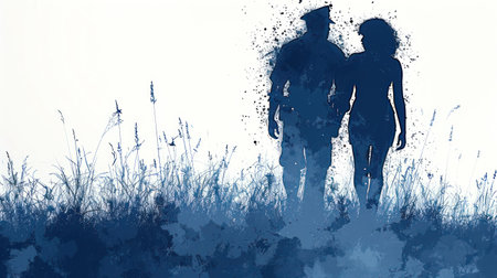A soldier and his loved one walk away, fading into the blue.の素材