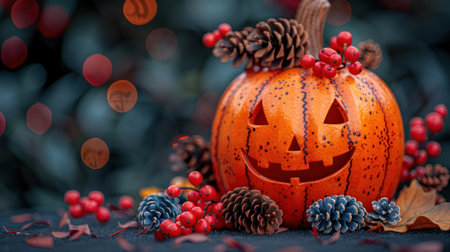 Jack-o'-lantern smiles among pine cones, berries, and leavesの素材