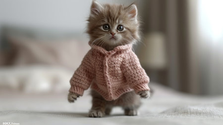 A kitten in a pink sweater stands on a bed.の素材