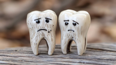 Two sad tooth figurines on wooden surface.の素材