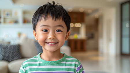 Boy in striped shirt smiles at camera in modern homeの素材