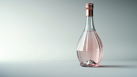 A bottle of pink wine stands alone on a white table.の素材