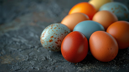 Colorful eggs sit together on a textured surface.の素材
