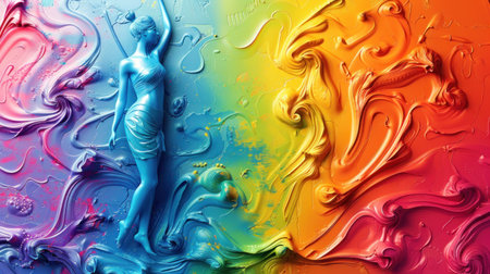 A blue figure dances on a canvas of vibrant swirls and colors.の素材