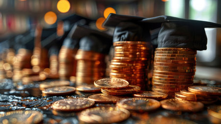 Graduation caps rest atop stacks of coins, representing the cost of higher education.の素材