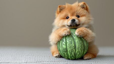 A small dog snuggles a watermelon, paws wrapped around the green fruit.の素材