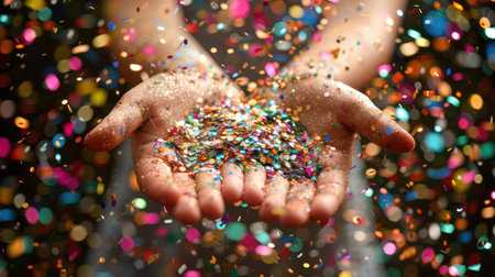 Hands cupped with confetti falling, a moment of celebration.の素材