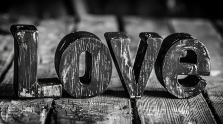 Large wooden letters spelling love on a rustic table.の素材