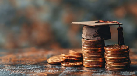 A graduation cap sits atop two stacks of coins, symbolizing the cost of education.の素材