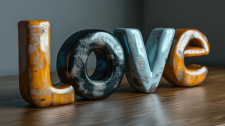 Ceramic letters spelling LOVE with distressed paint sit on a wooden table.の素材