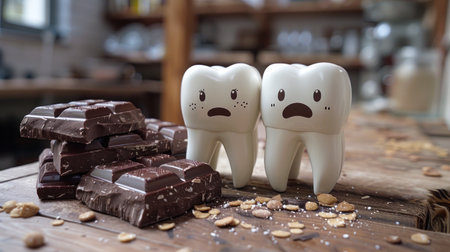 Two cartoon teeth with worried expressions stand next to a pile of dark chocolate bars.の素材