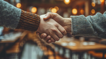 Two people shake hands in a cafe, surrounded by warm lighting and cozy decor.の素材