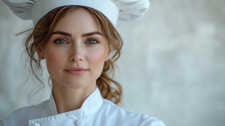 A talented chef smiles warmly while preparing to create delicious dishes.の素材