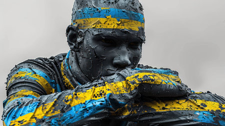 A person in reflective thought, adorned in colorful stripes, amidst gray surroundings.の素材