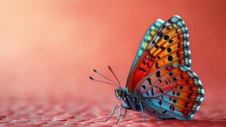 A stunning butterfly displaying brilliant colors rests gently on a textured surface.の素材