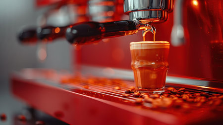 Rich espresso flows into a beautifully crafted cup beneath glamping machinery.の素材