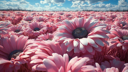 Daisies bloom vibrantly in a sprawling field, soaking up the warm sunlight.の素材
