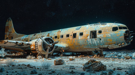 An old aircraft lies derelict amidst rocky terrain at night.の素材