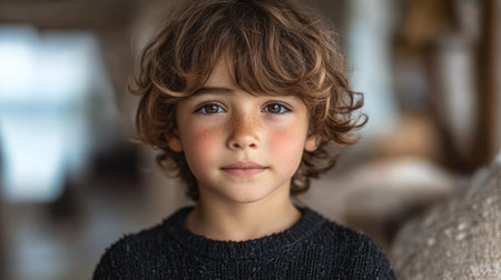 A young boy gazes warmly, radiating innocence and curiosity.の素材