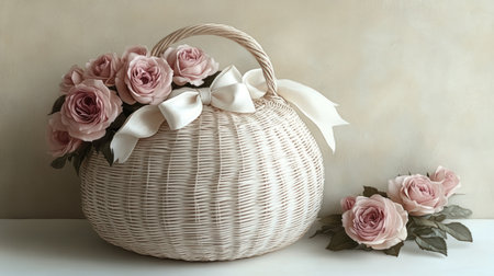 A lovely woven basket filled with delicate pink roses and a satin ribbon.の素材